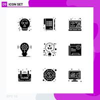 Group of 9 Modern Solid Glyphs Set for bio gear coding idea error Editable Vector Design Elements