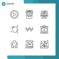 Mobile Interface Outline Set of 9 Pictograms of currency science birthday meteor comet Editable Vector Design Elements