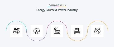 fuente de energía y paquete de iconos de la línea 5 de la industria de energía, incluida la industria. construcción. edificio. petróleo. camión vector