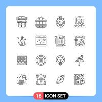 Pack of 16 Modern Outlines Signs and Symbols for Web Print Media such as shower bottle tooth clock security insurance Editable Vector Design Elements