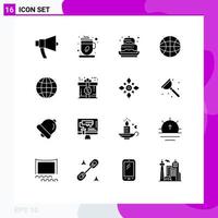 Universal Icon Symbols Group of 16 Modern Solid Glyphs of globe internet coffee cup globe decoration Editable Vector Design Elements