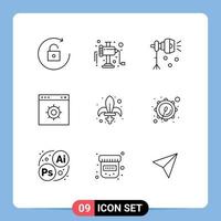 Mobile Interface Outline Set of 9 Pictograms of mardi game lightning website internet Editable Vector Design Elements