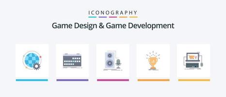 Game Design And Game Development Flat 5 Icon Pack Including win. award. release. sound. microphone. Creative Icons Design vector