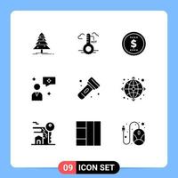 Set of 9 Modern UI Icons Symbols Signs for torch flashlight finance camping chatting Editable Vector Design Elements