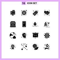 User Interface Pack of 16 Basic Solid Glyphs of groceries power target off heart Editable Vector Design Elements