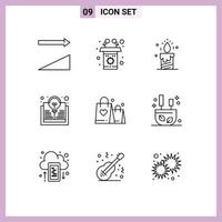 9 User Interface Outline Pack of modern Signs and Symbols of heart handbag light idea book Editable Vector Design Elements