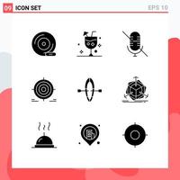 Group of 9 Solid Glyphs Signs and Symbols for objective darts drink goal mute Editable Vector Design Elements