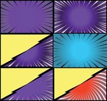 Comic book colorful frames background with halftone rays radial and dotted effects pop art style vector