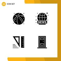 Mobile Interface Solid Glyph Set of 4 Pictograms of ball tools world wide news door Editable Vector Design Elements