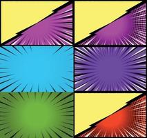 Comic book colorful frames background with halftone rays radial and dotted effects pop art style vector