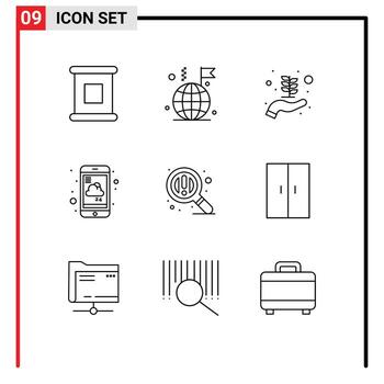 Mobile Interface Outline Set of 9 Pictograms of zoom find growth weather report Editable Vector Design Elements