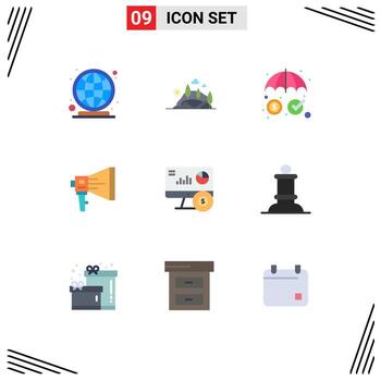 Pack of 9 Modern Flat Colors Signs and Symbols for Web Print Media such as megaphone loudspeaker tree digital protection Editable Vector Design Elements