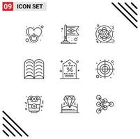 Modern Set of 9 Outlines Pictograph of discount education flag book video Editable Vector Design Elements