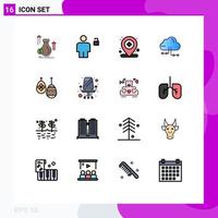 16 concepto de línea llena de color plano para sitios web móviles y aplicaciones red compartir candado mapa de nubes elementos de diseño de vectores creativos editables