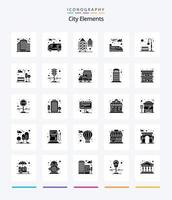 elementos creativos de la ciudad paquete de iconos negros sólidos de 25 glifos como la luz. parque. torre. ciudad. tren vector