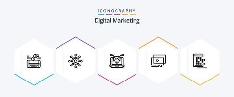 paquete de iconos de 25 líneas de marketing digital que incluye tutorial. tocar. equipo. ordenador portátil. correo vector