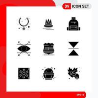 Mobile Interface Solid Glyph Set of 9 Pictograms of shield look backpack eye school Editable Vector Design Elements