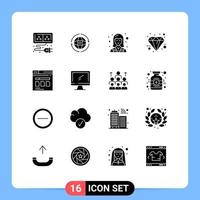 Mobile Interface Solid Glyph Set of 16 Pictograms of premium diamond connect black technician Editable Vector Design Elements