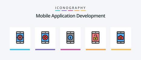 la línea de desarrollo de aplicaciones móviles llenó el paquete de 5 íconos que incluye la aplicación móvil. solicitud. aplicación movil. aplicación movil. descargar. diseño de iconos creativos vector