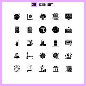 Editable Vector Line Pack of 25 Simple Solid Glyphs of play keyboard business education book Editable Vector Design Elements