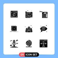 Mobile Interface Solid Glyph Set of 9 Pictograms of server message paper application station Editable Vector Design Elements