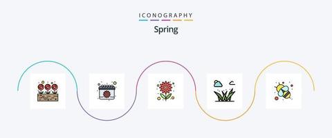 paquete de iconos de 5 planos llenos de línea de primavera que incluye abeja. verde. granja. pastos sol vector