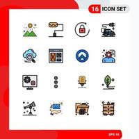 Mobile Interface Flat Color Filled Line Set of 16 Pictograms of interface access automotive technology online search Editable Creative Vector Design Elements