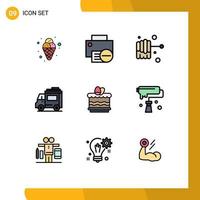 Modern Set of 9 Filledline Flat Colors Pictograph of eat cack printer transport car Editable Vector Design Elements