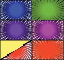 Comic book colorful frames background with halftone rays radial and dotted effects pop art style vector