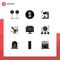 9 Thematic Vector Solid Glyphs and Editable Symbols of location internet internet scissors graphic design Editable Vector Design Elements