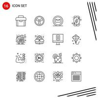 Mobile Interface Outline Set of 16 Pictograms of shopping full sms cart mobile Editable Vector Design Elements