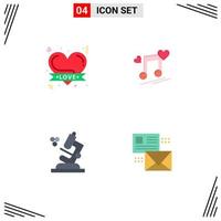 4 User Interface Flat Icon Pack of modern Signs and Symbols of badge biology romantic heart lyrics science Editable Vector Design Elements