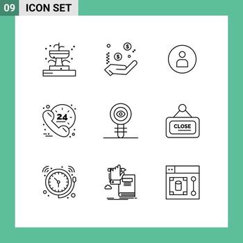 Mobile Interface Outline Set of 9 Pictograms of chemical support man help hours Editable Vector Design Elements