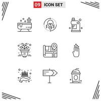 Pack of 9 Modern Outlines Signs and Symbols for Web Print Media such as map office refresh business fluid Editable Vector Design Elements