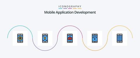 la línea de desarrollo de aplicaciones móviles llenó el paquete de iconos planos 5 que incluye la aplicación. móvil. solicitud. descargar. solicitud vector