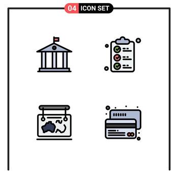 Group of 4 Modern Filledline Flat Colors Set for bank location check list mark travel Editable Vector Design Elements