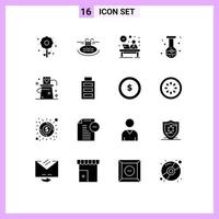 Universal Icon Symbols Group of 16 Modern Solid Glyphs of flask chemical desk beaker reception Editable Vector Design Elements