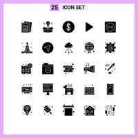 User Interface Pack of 25 Basic Solid Glyphs of power eco dollar plug board video Editable Vector Design Elements