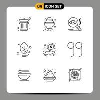 User Interface Pack of 9 Basic Outlines of payment hand view coin leaf Editable Vector Design Elements