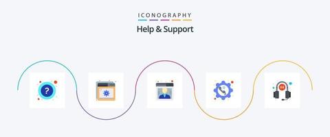 paquete de iconos de 5 planos de ayuda y soporte que incluye ayuda. teléfono. cliente. engranaje. llamada vector