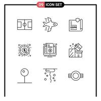 Group of 9 Outlines Signs and Symbols for internet money lock graph currency Editable Vector Design Elements