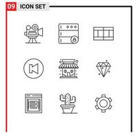 Universal Icon Symbols Group of 9 Modern Outlines of diamound shop sport market store previous Editable Vector Design Elements