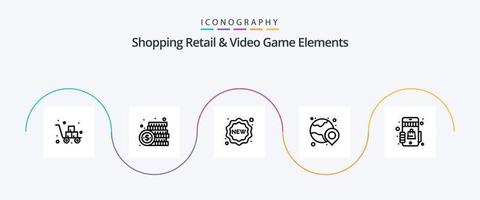 compras minoristas y elementos de videojuegos línea 5 paquete de iconos que incluye compras. globo. dinero. mundo. nuevo vector