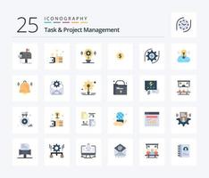 Task And Project Management 25 Flat Color icon pack including money. setting. idea. gear. money vector