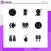 Set of 9 Commercial Solid Glyphs pack for heart left mobile fast forward pin Editable Vector Design Elements