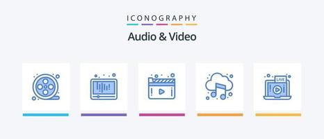 paquete de iconos de audio y video azul 5 que incluye video. sonido. medios de comunicación. música. audio. diseño de iconos creativos vector