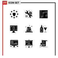 Modern Set of 9 Solid Glyphs Pictograph of spa screen album bug songs Editable Vector Design Elements