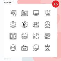 Pack of 16 Modern Outlines Signs and Symbols for Web Print Media such as headphone recording computer professional mic Editable Vector Design Elements