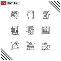 Mobile Interface Outline Set of 9 Pictograms of mobile development bean coding api Editable Vector Design Elements