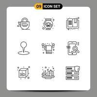 Pack of 9 Modern Outlines Signs and Symbols for Web Print Media such as living housekeeping open pin map Editable Vector Design Elements